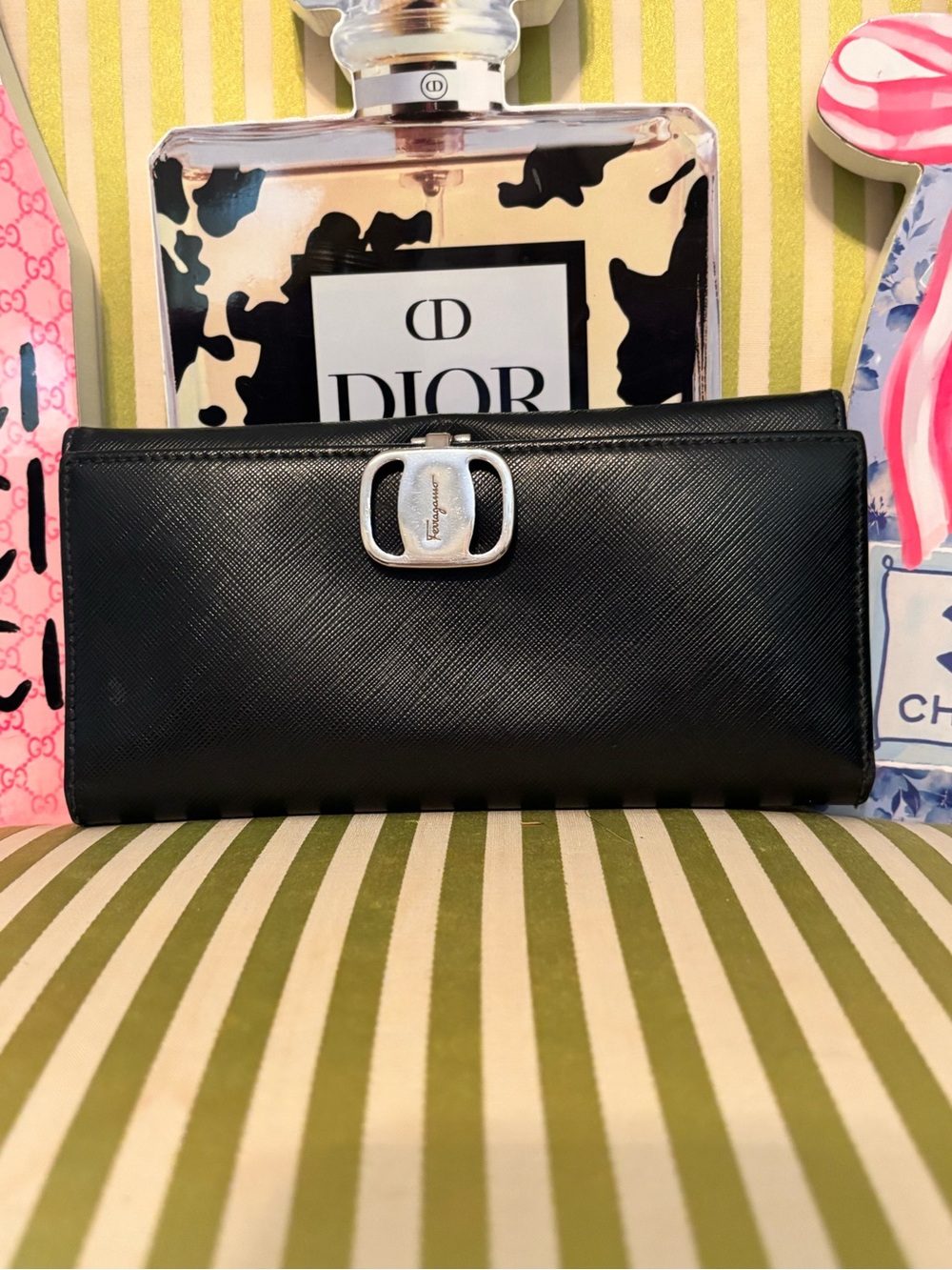 Salvatore Ferragamo Black Saffiano Leather Wallet with Silver Logo Accent